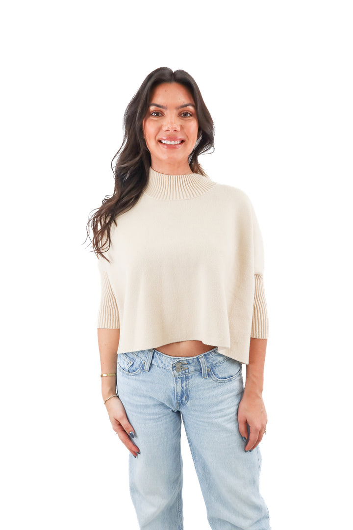kerisma tan mockneck cropped 3/4 sleeve sweater (OS; retail $112)