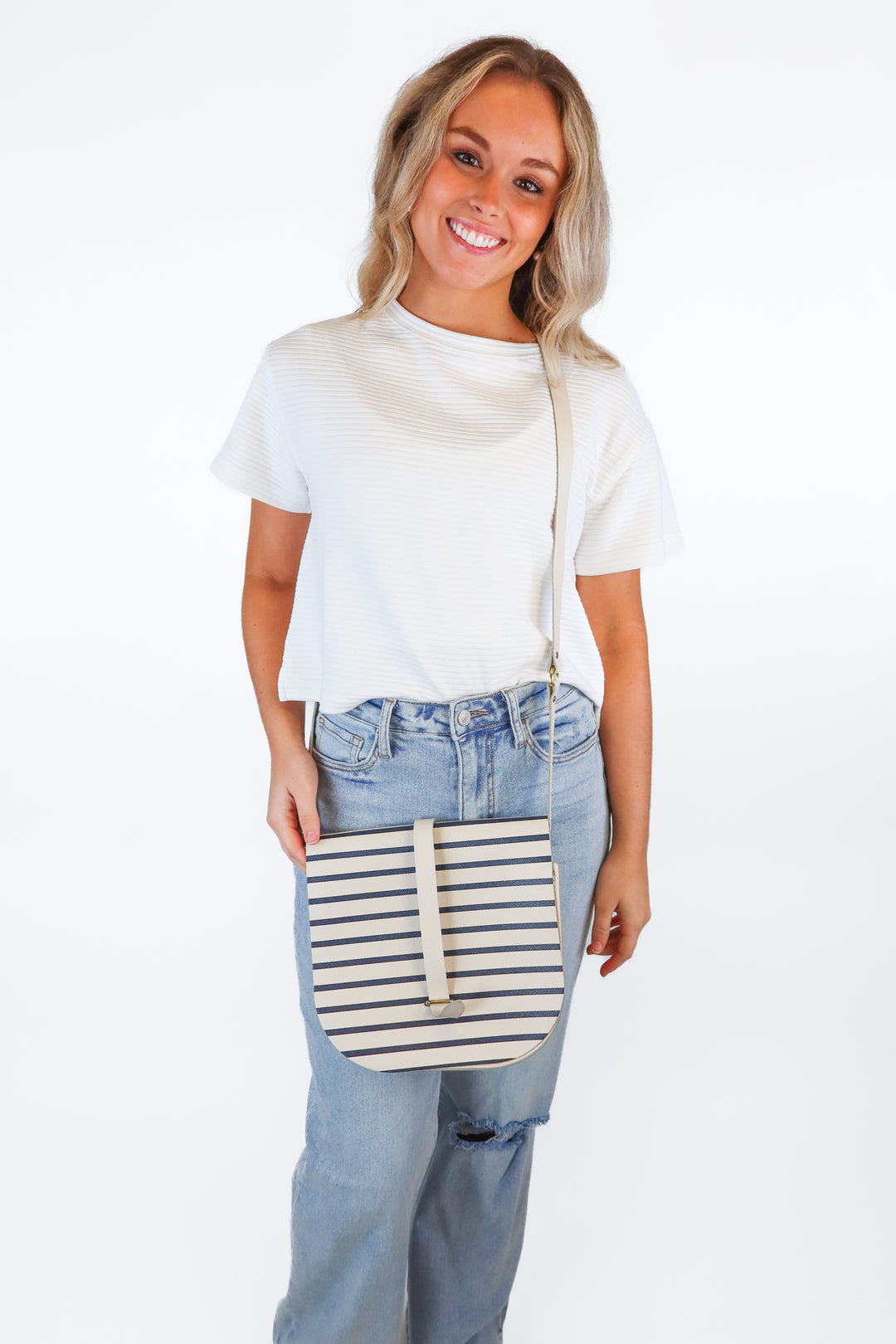 The Cambridge Satchel Co Navy/Cream Stripe Leather Bag (retails for $270)