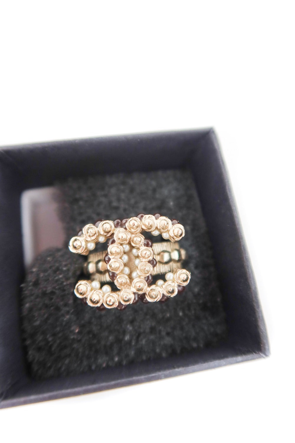 Chanel Silver & Garnet Double C Ring (size 5; retail $725)