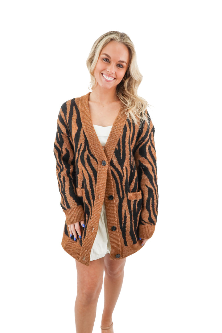 zara brown knit tiger print cardigan (s)