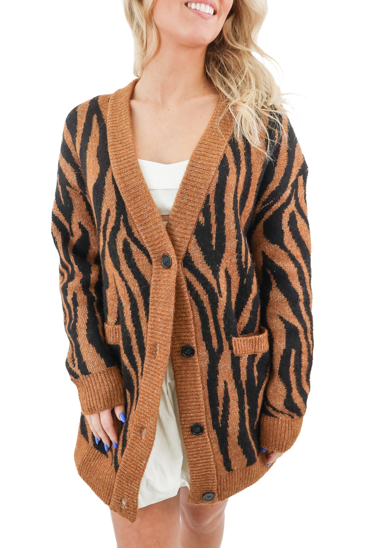 zara brown knit tiger print cardigan (s)