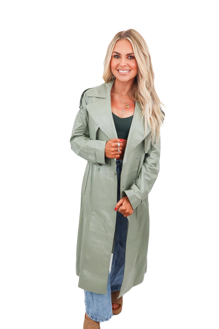 Mackage green leather trench coat (S)