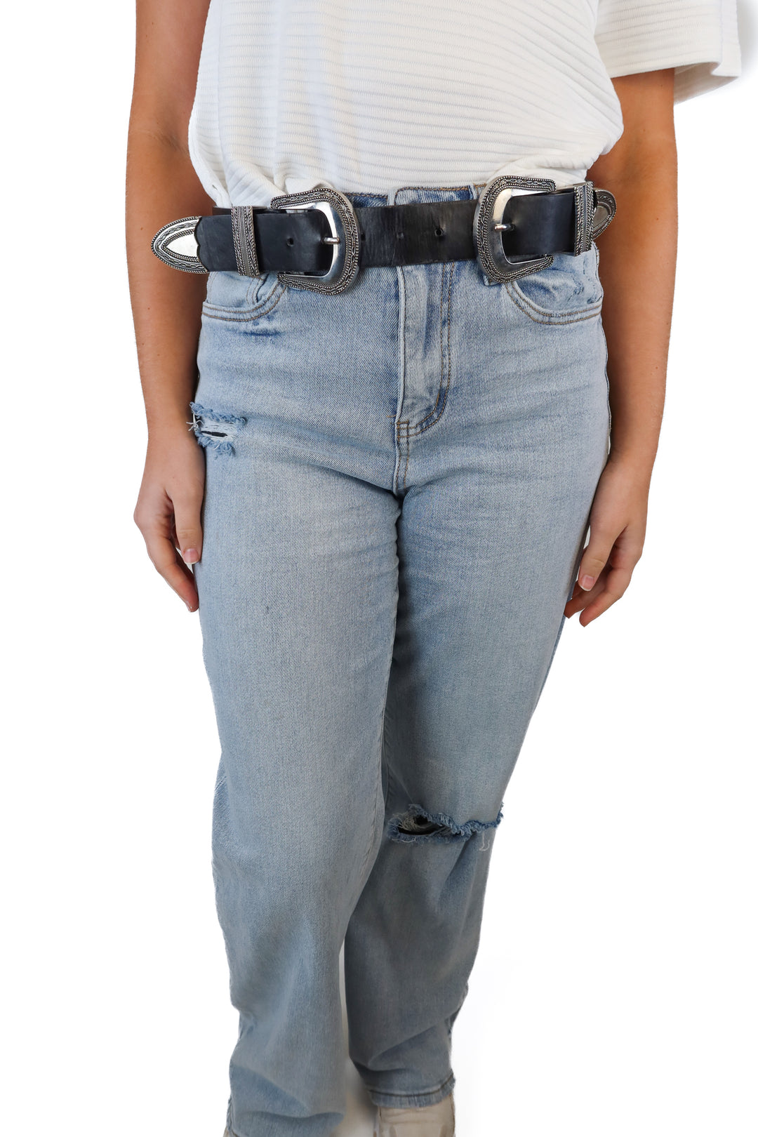 Black Faux Leather Silver Double Buckle Belt