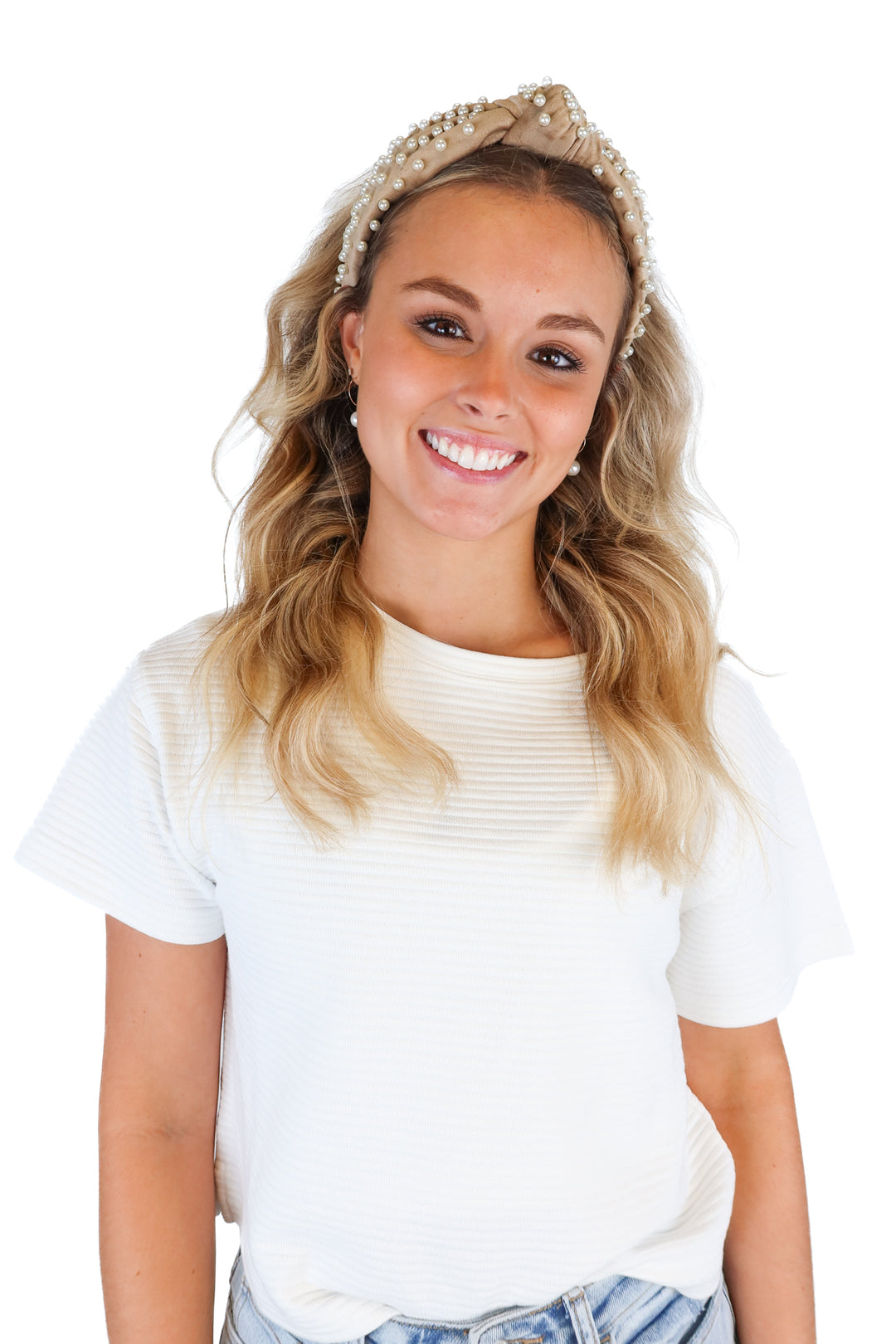 Lele Sadoughi Taupe Velvet Pearl Headband NWOT; retails for $165