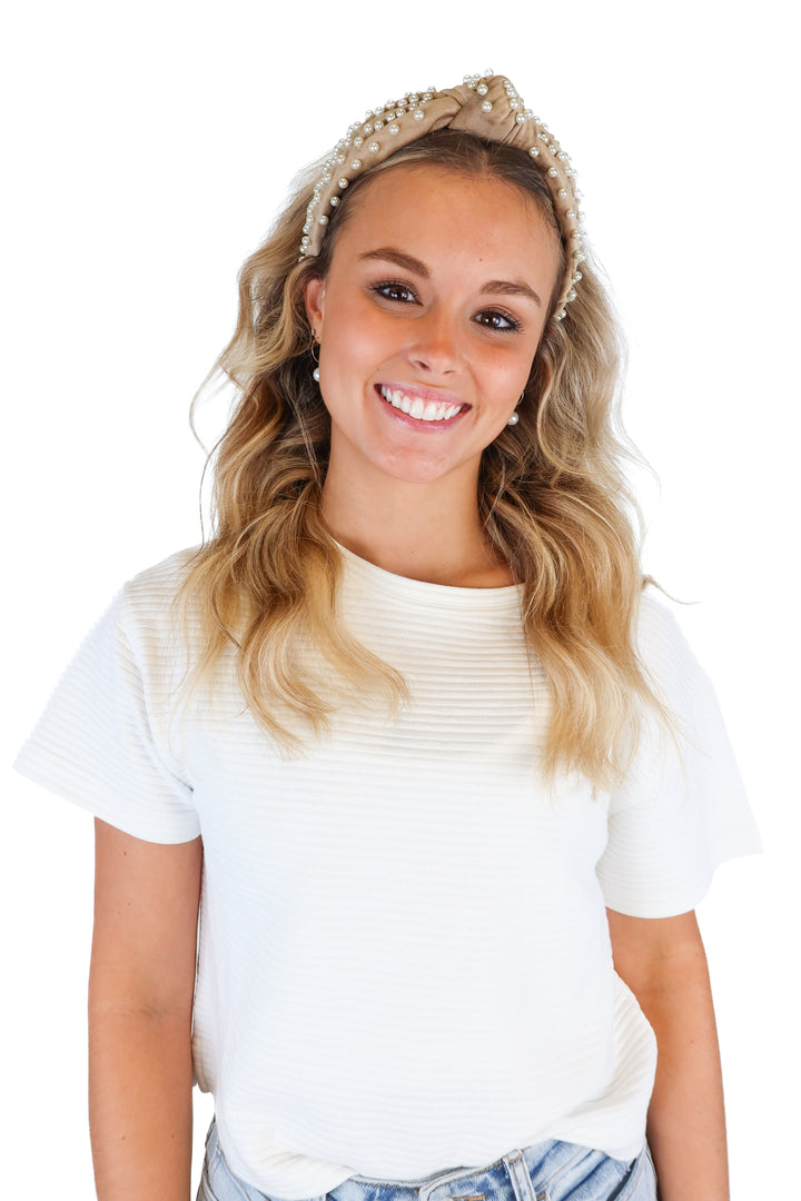 Lele Sadoughi Taupe Velvet Pearl Headband NWOT; retails for $165