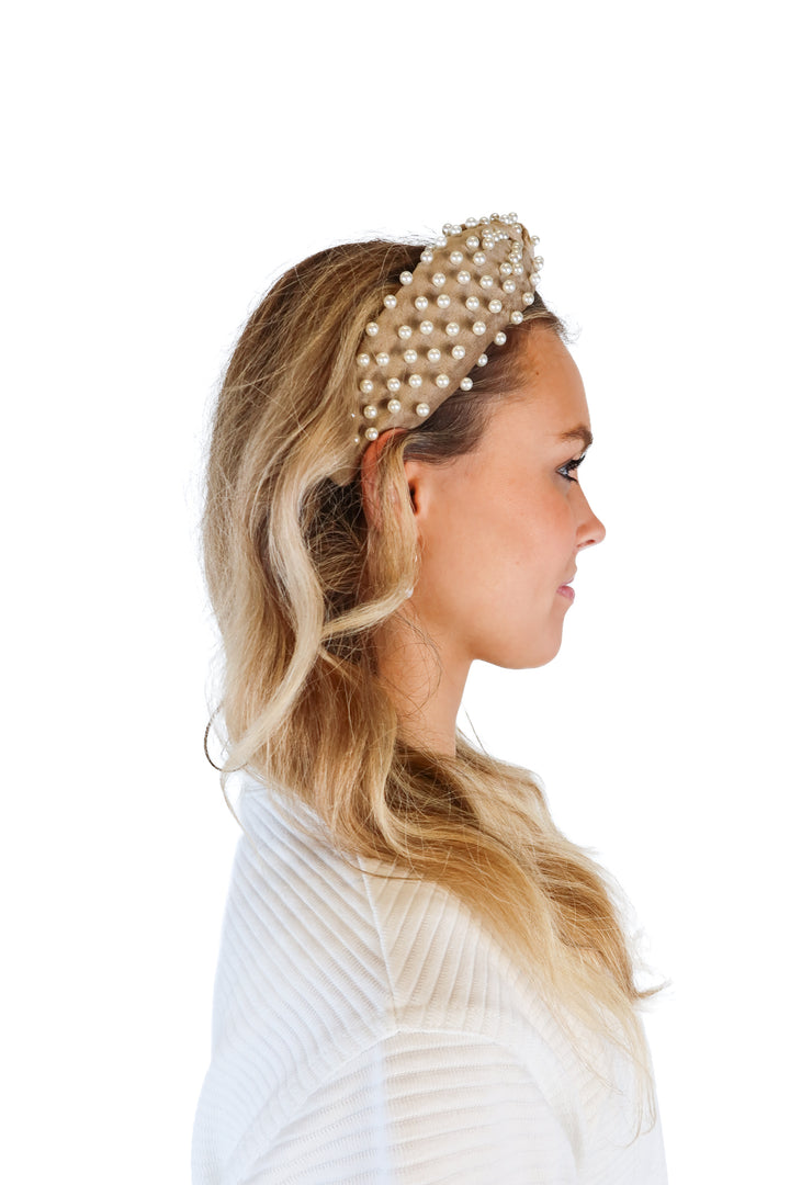 Lele Sadoughi Taupe Velvet Pearl Headband NWOT; retails for $165
