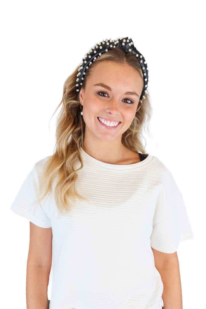 Lele Sadoughi Black Faux Leather Pearl Headband NWOT; retails for $165