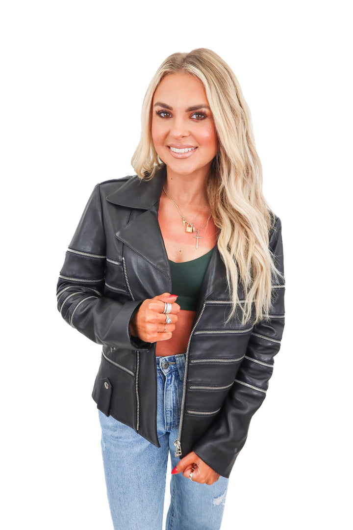 Each and Other black leather jacket (S; retail $120)