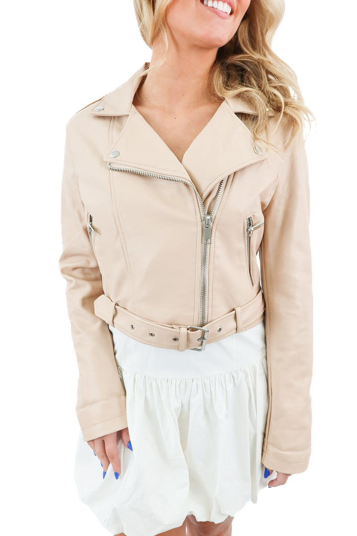 forever 21 beige vegan leather zip jacket (m; retail $45)