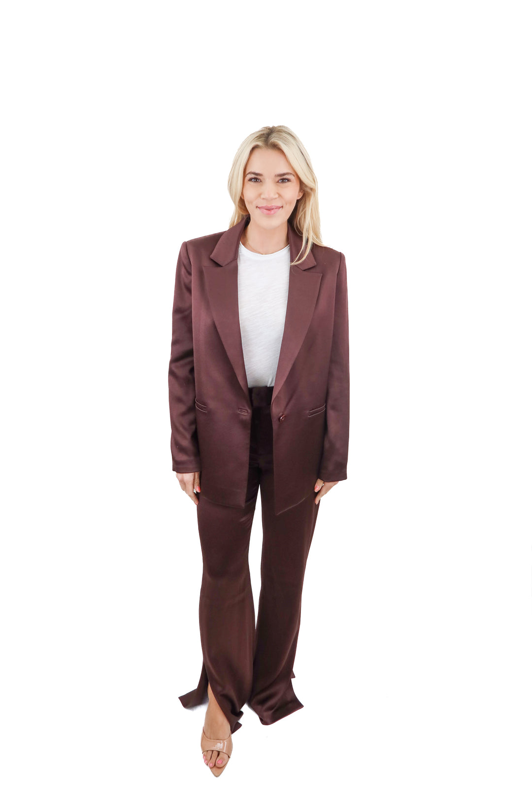 alice + olivia brown satin blazer set (2; retail $780)