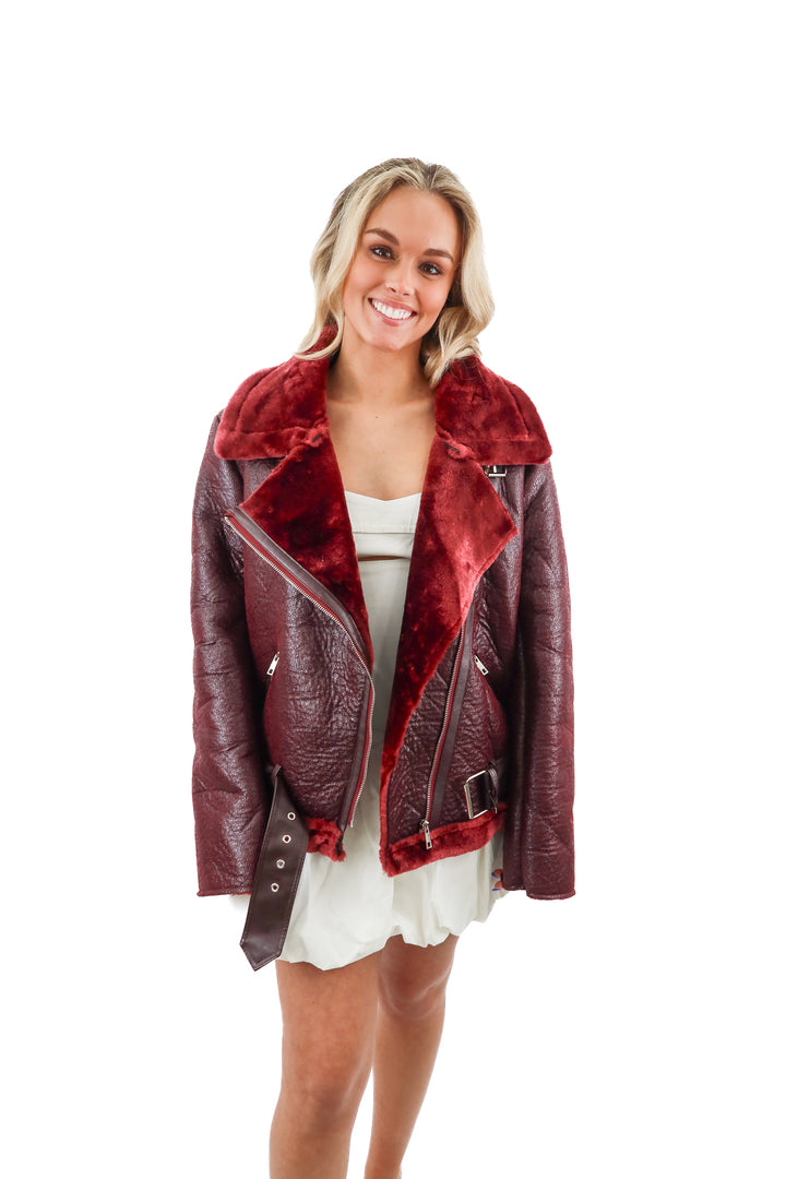 commense maroon faux fur jacket nwt (S; retail $100)