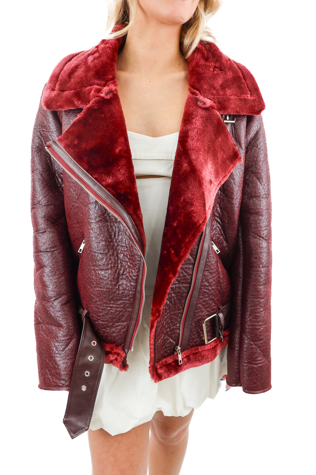 commense maroon faux fur jacket nwt (S; retail $100)