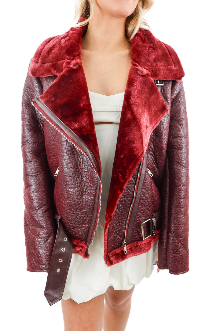 commense maroon faux fur jacket nwt (S; retail $100)