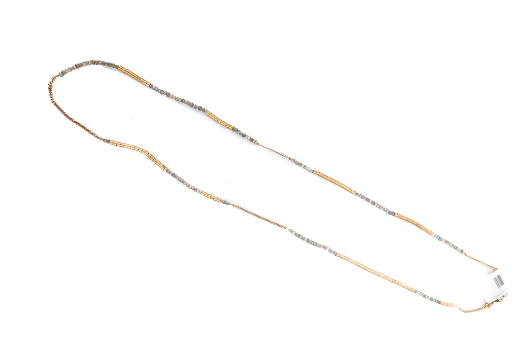 Long gold and gray beaded necklace