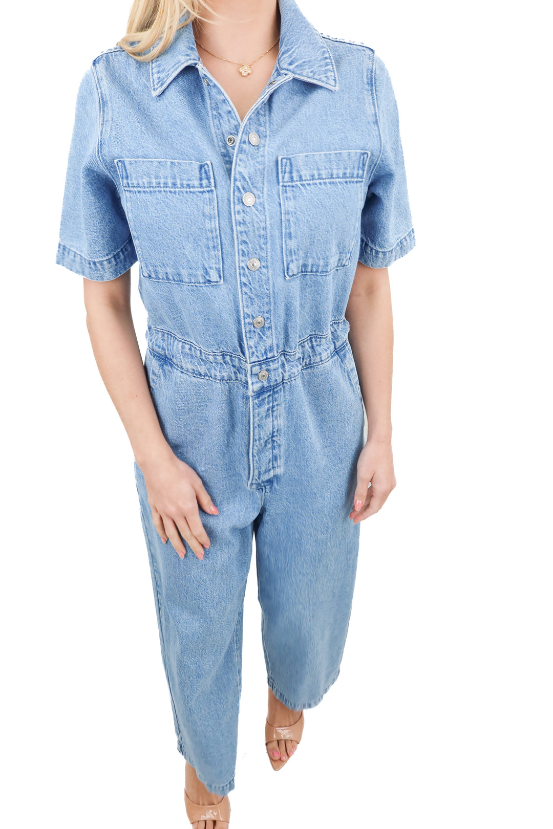 levis light wash short sleeve jumpsuit (s; retail $90)