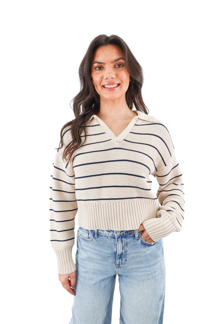 pistola beige knit collar top w/ thin navy stripes (s; retail $90)