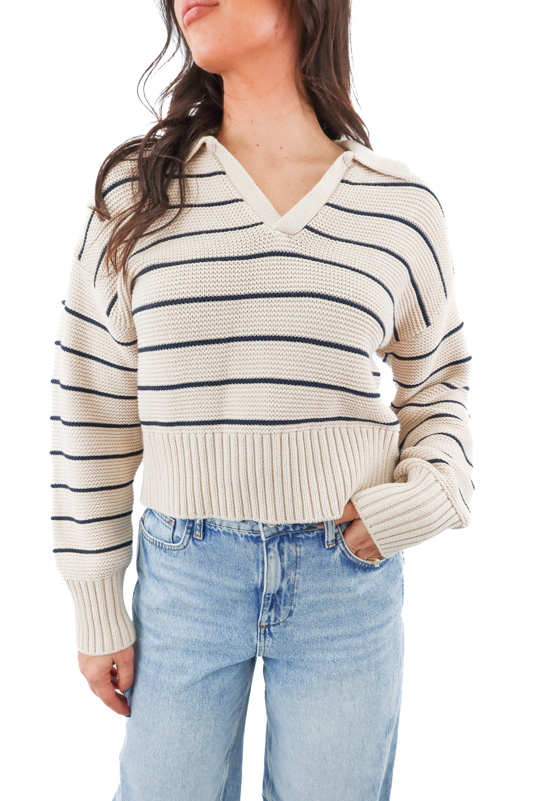 pistola beige knit collar top w/ thin navy stripes (s; retail $90)
