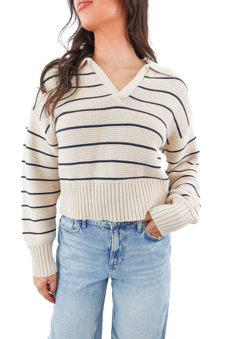 pistola beige knit collar top w/ thin navy stripes (s; retail $90)