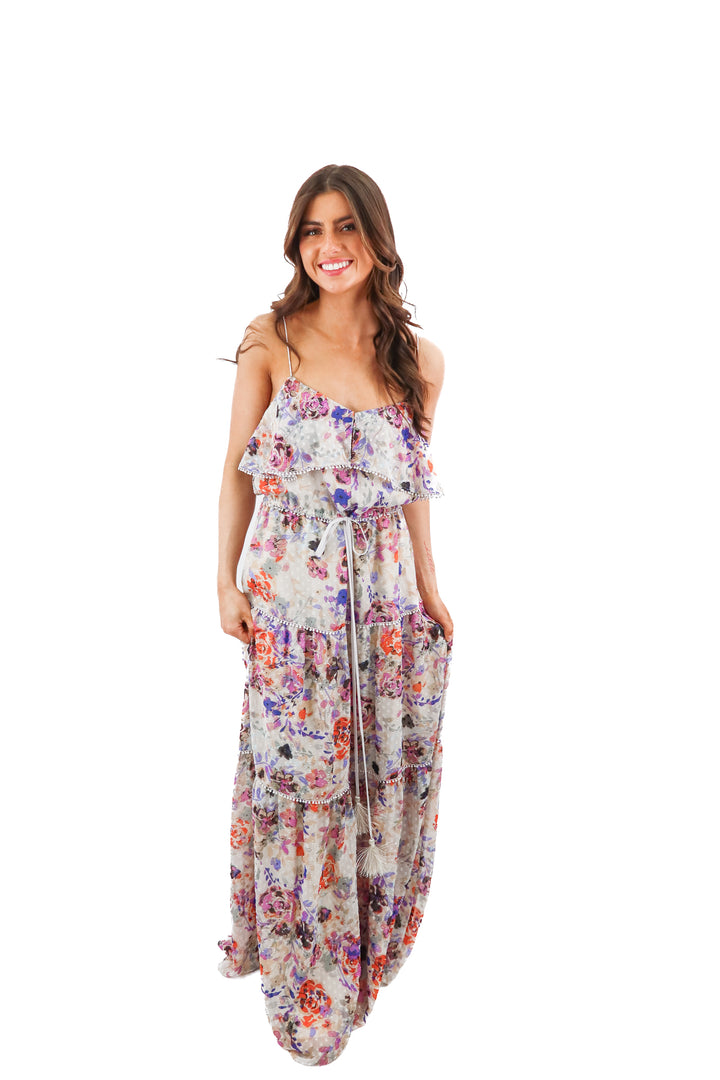 likely grey/multi floral tiered maxi dress (m)