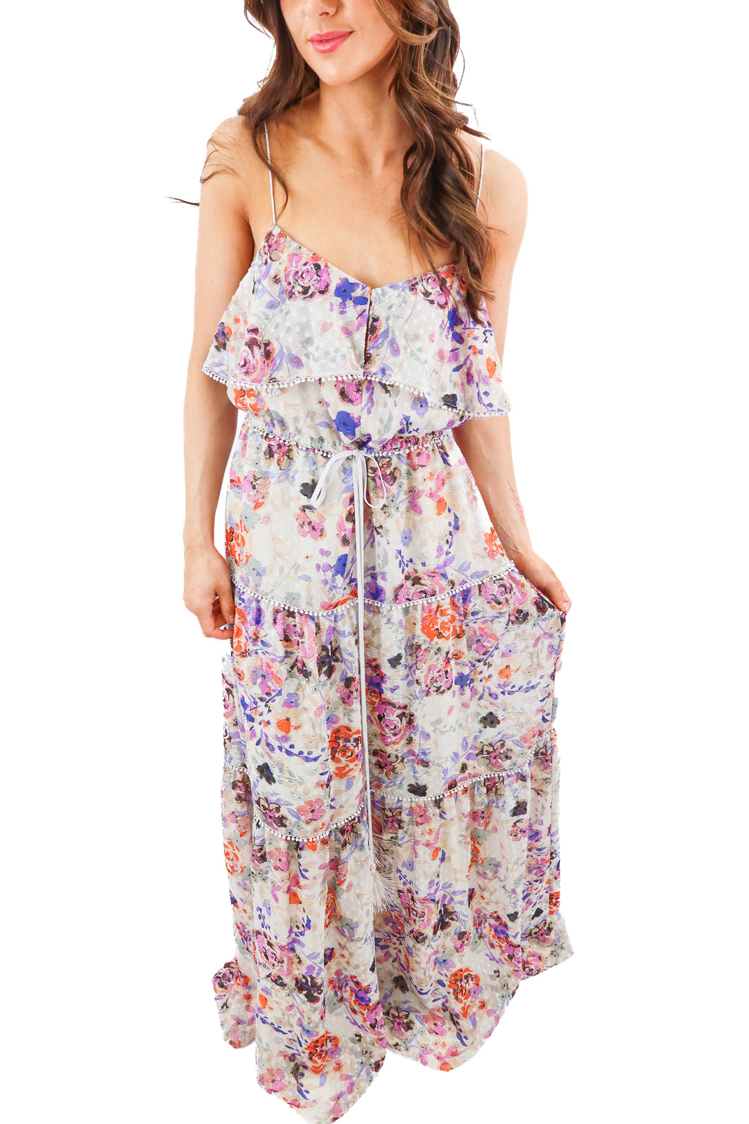 likely grey/multi floral tiered maxi dress (m)