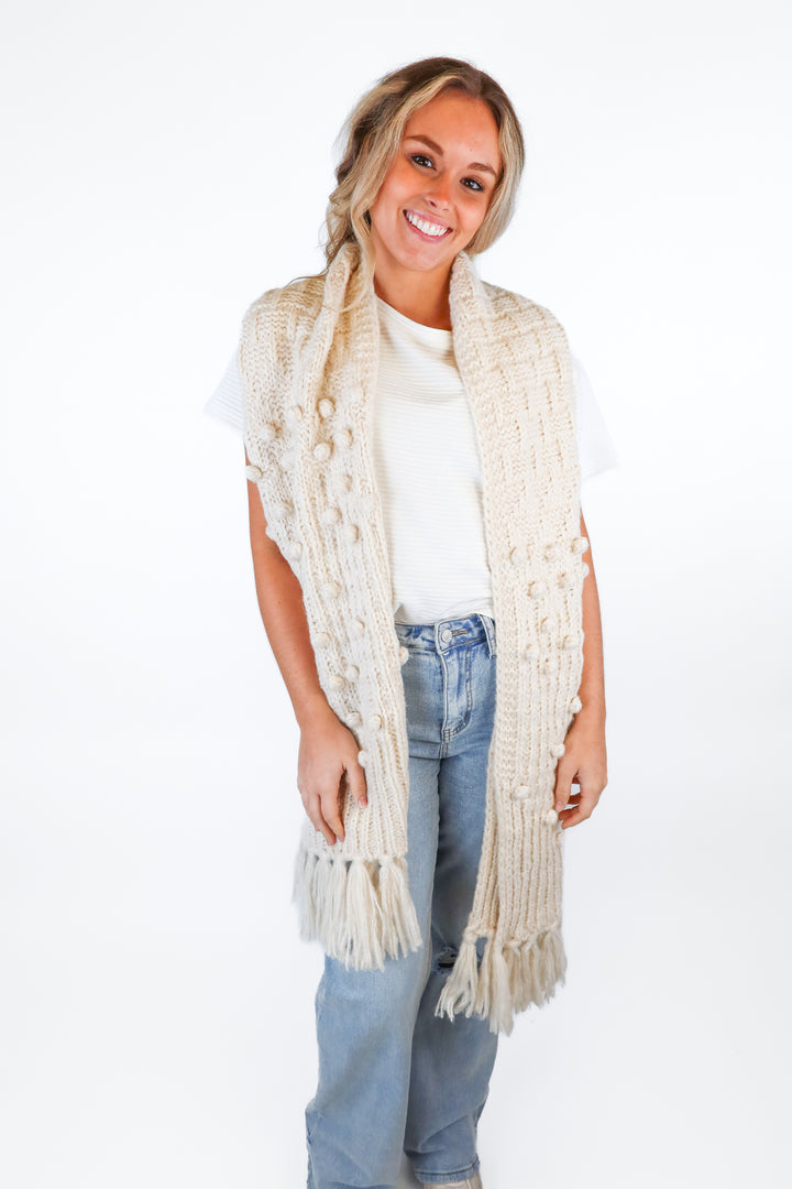 J Crew Cream Pom Pom Scarf