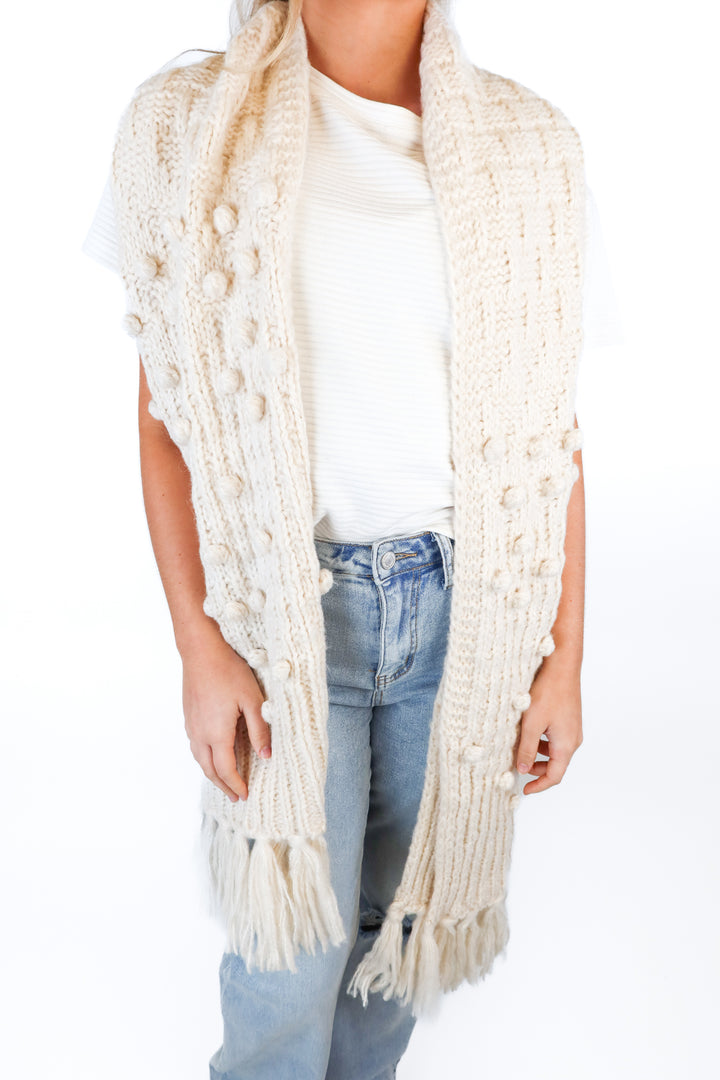 J Crew Cream Pom Pom Scarf