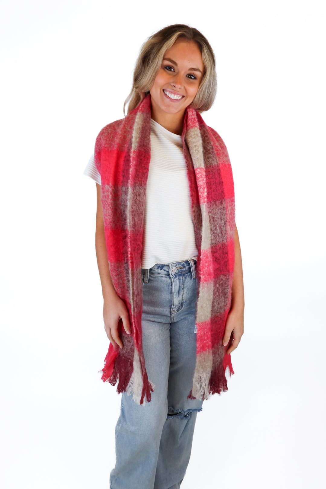 American eagle pink checkered wool scarf