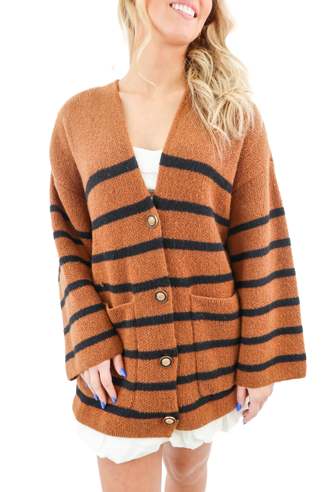 altar'd state brown/black stripe knit cardigan (s; retail $98)