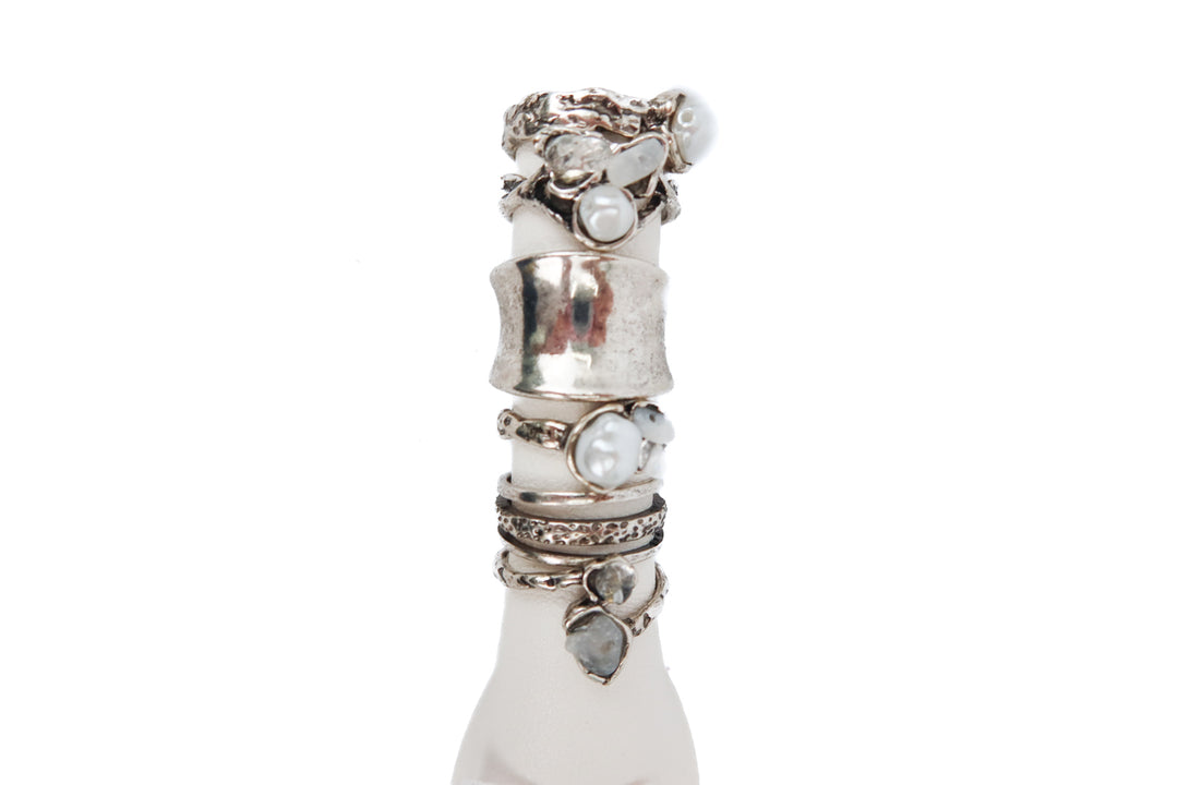 Silver pearl and gem ring set