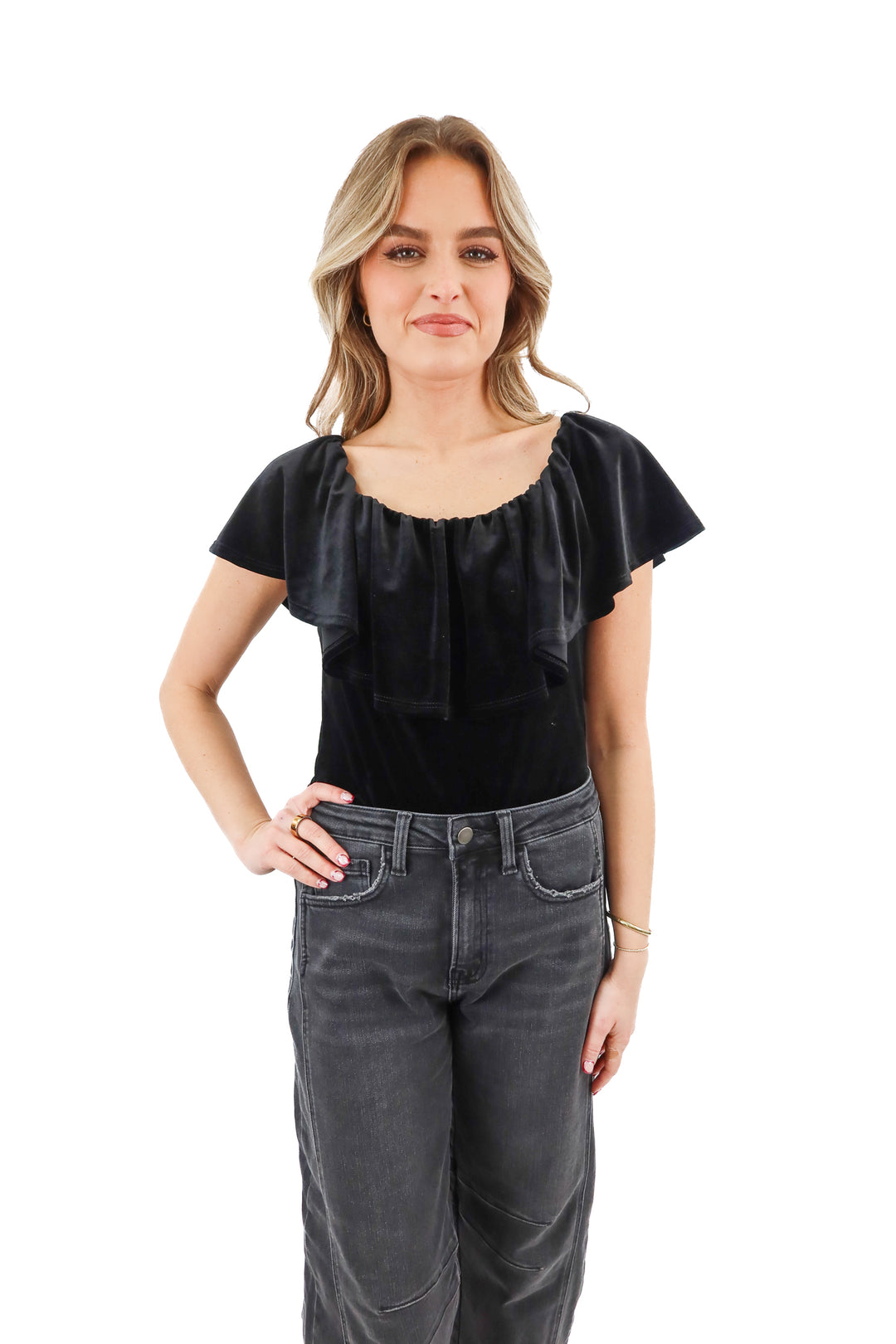 chrysanthemum black velvet off shoulder bodysuit (m)
