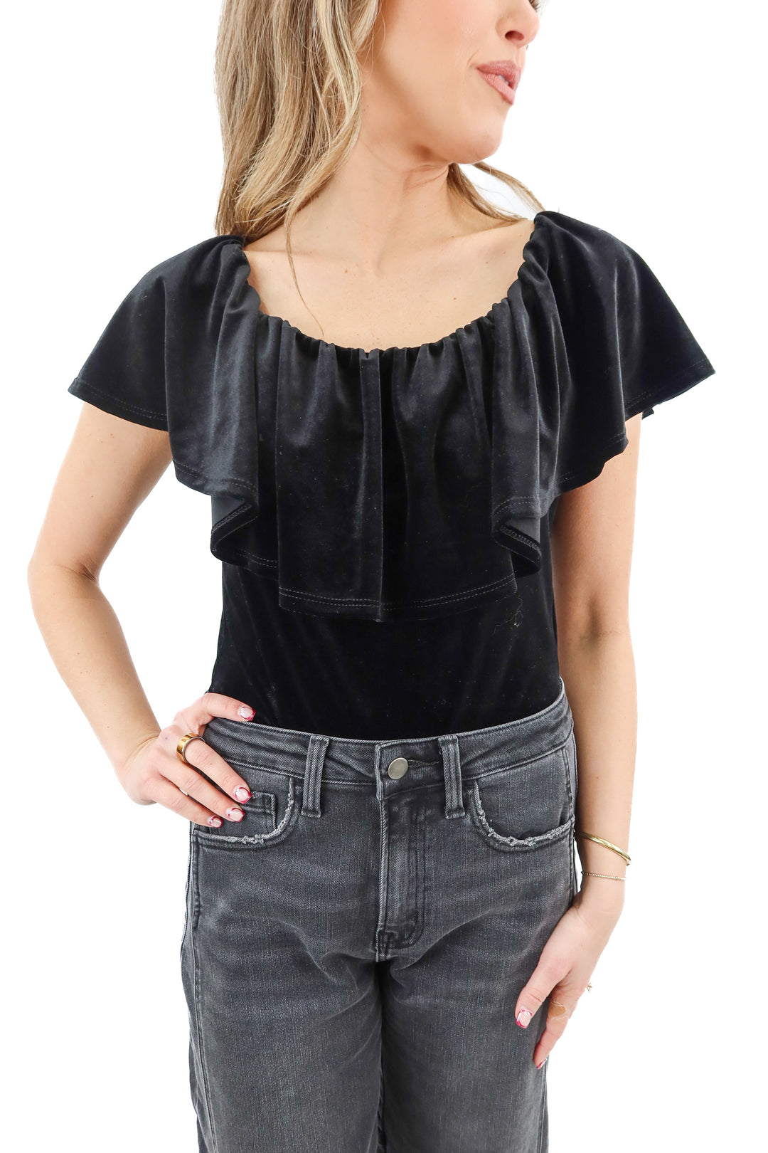 chrysanthemum black velvet off shoulder bodysuit (m)