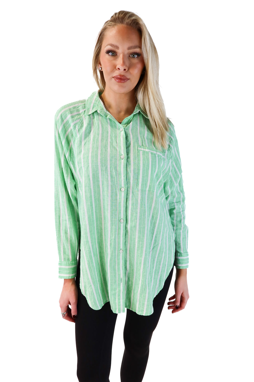 Aerie Green and White Striped Shirt NWT (XS; retail $54.95)
