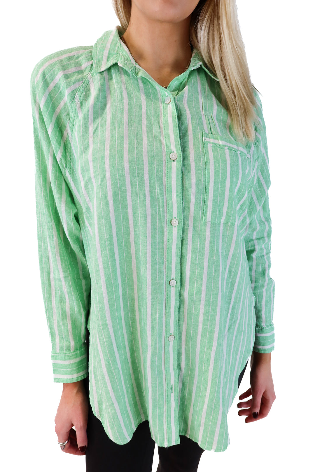 Aerie Green and White Striped Shirt NWT (XS; retail $54.95)