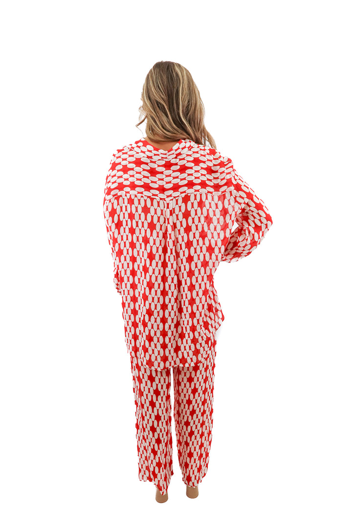 zara red/white oval print sheer top and pants set (xs/s; retail $112)