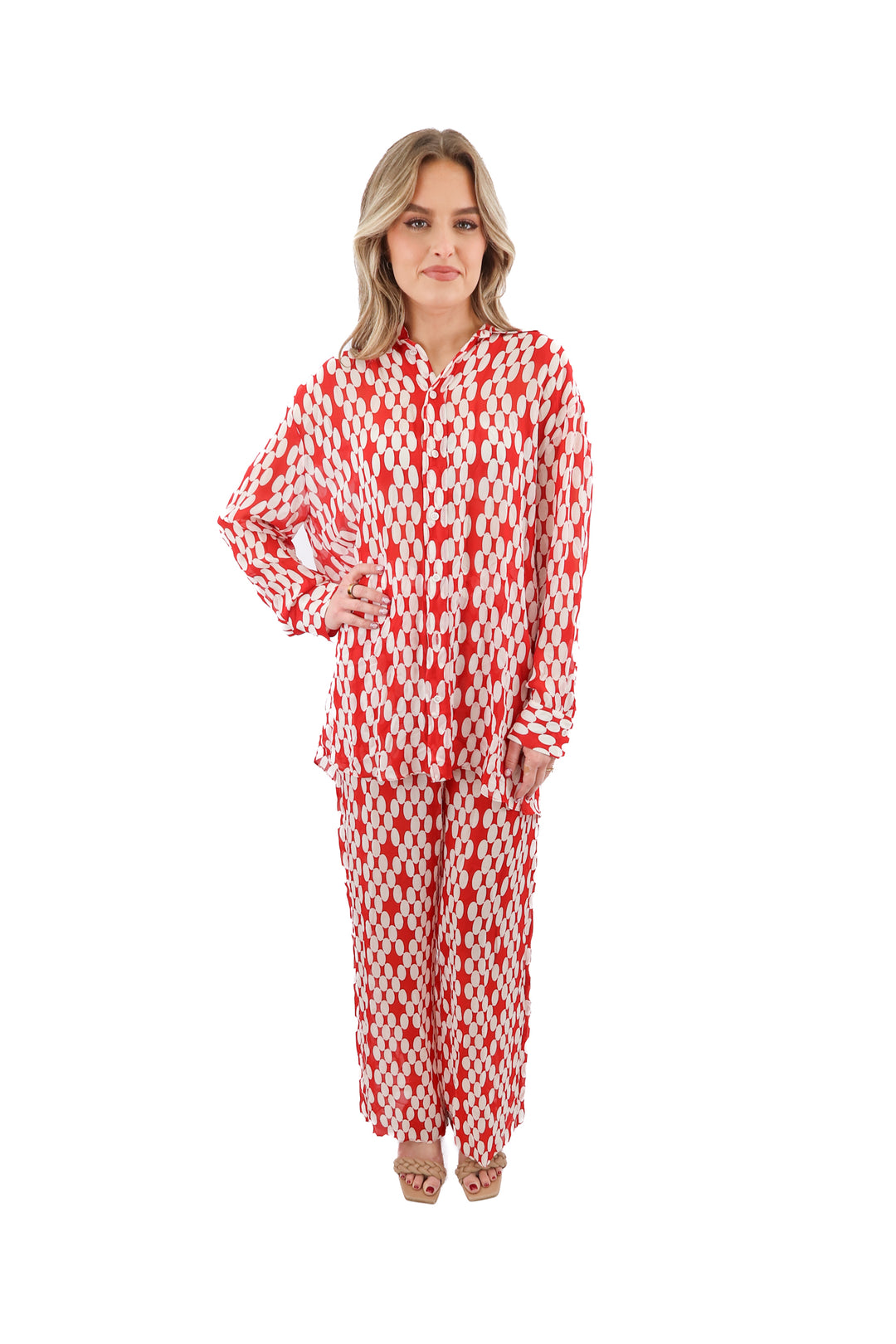 zara red/white oval print sheer top and pants set (xs/s; retail $112)