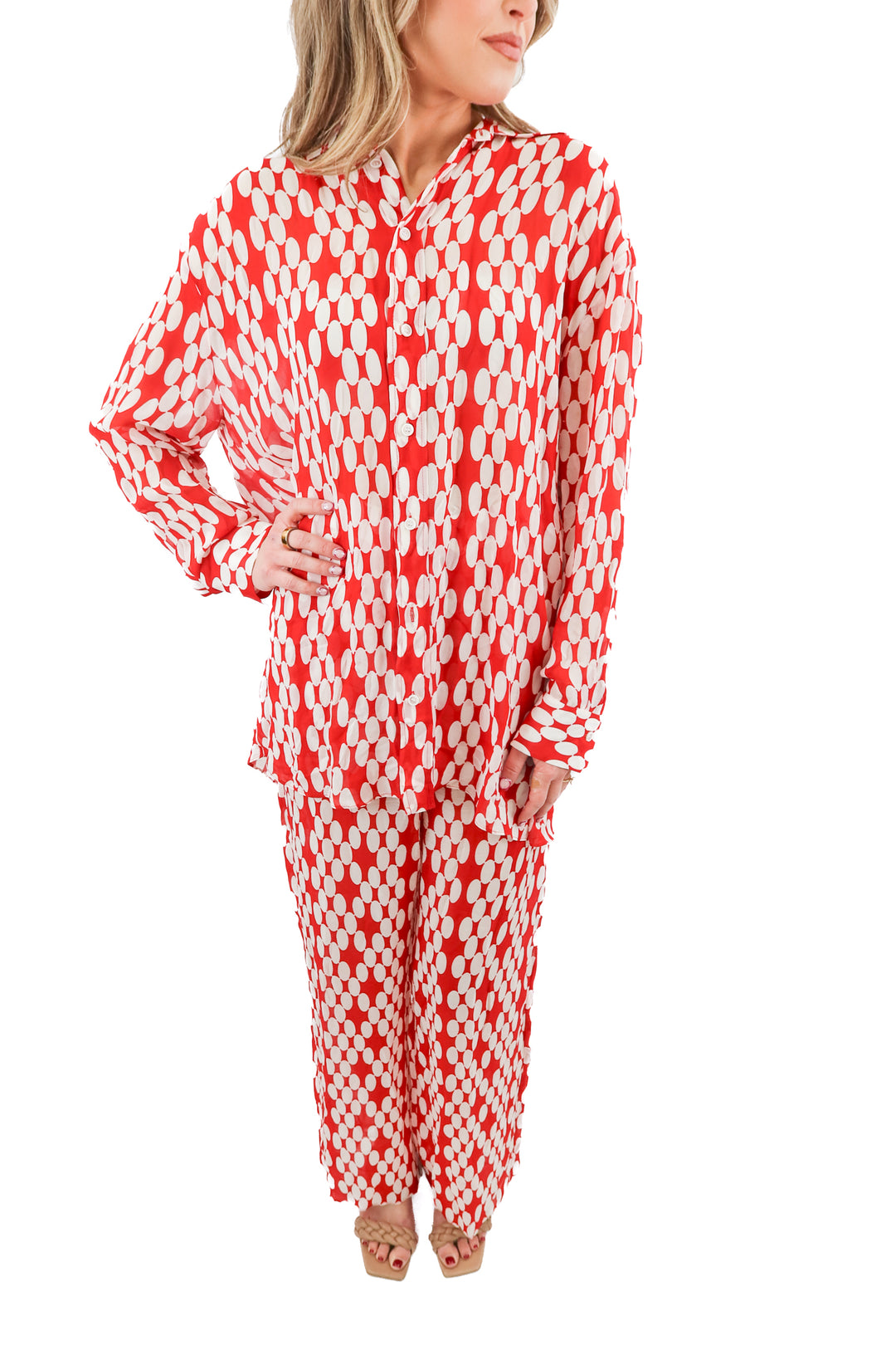 zara red/white oval print sheer top and pants set (xs/s; retail $112)