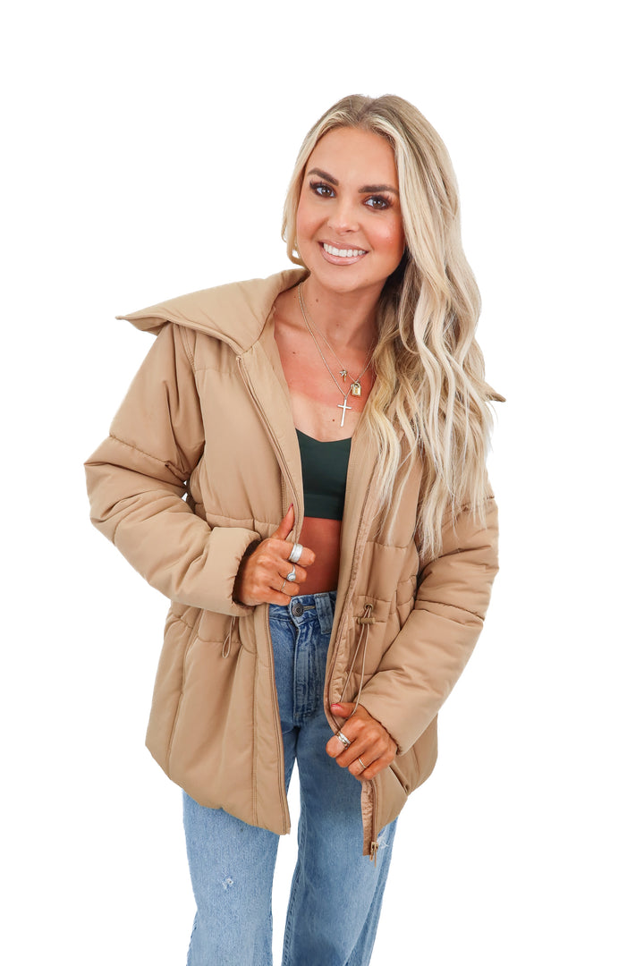 Travis Mathew tan long puffer (S; retail $180) NWT