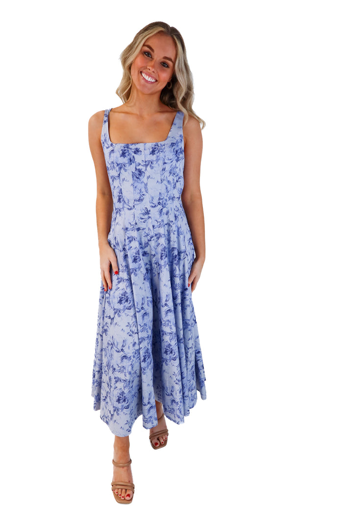 Staud blue floral midi dress (4; retails for $295)