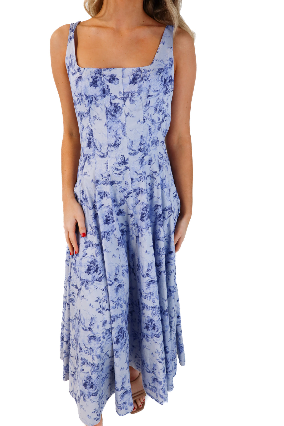 Staud blue floral midi dress (4; retails for $295)
