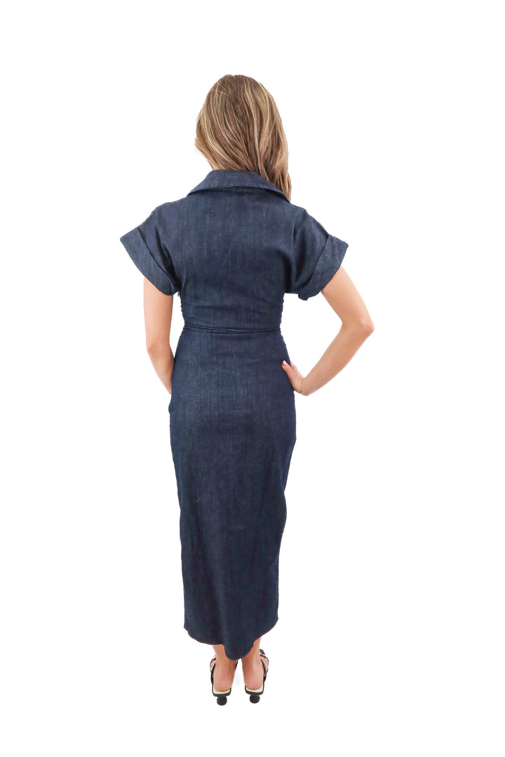 zara dark wash lightweight denim ruched maxi dress nwt (xs; retail $69.90)