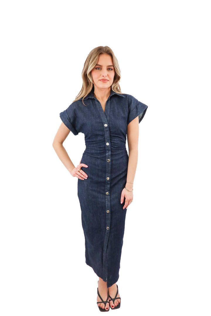 zara dark wash lightweight denim ruched maxi dress nwt (xs; retail $69.90)
