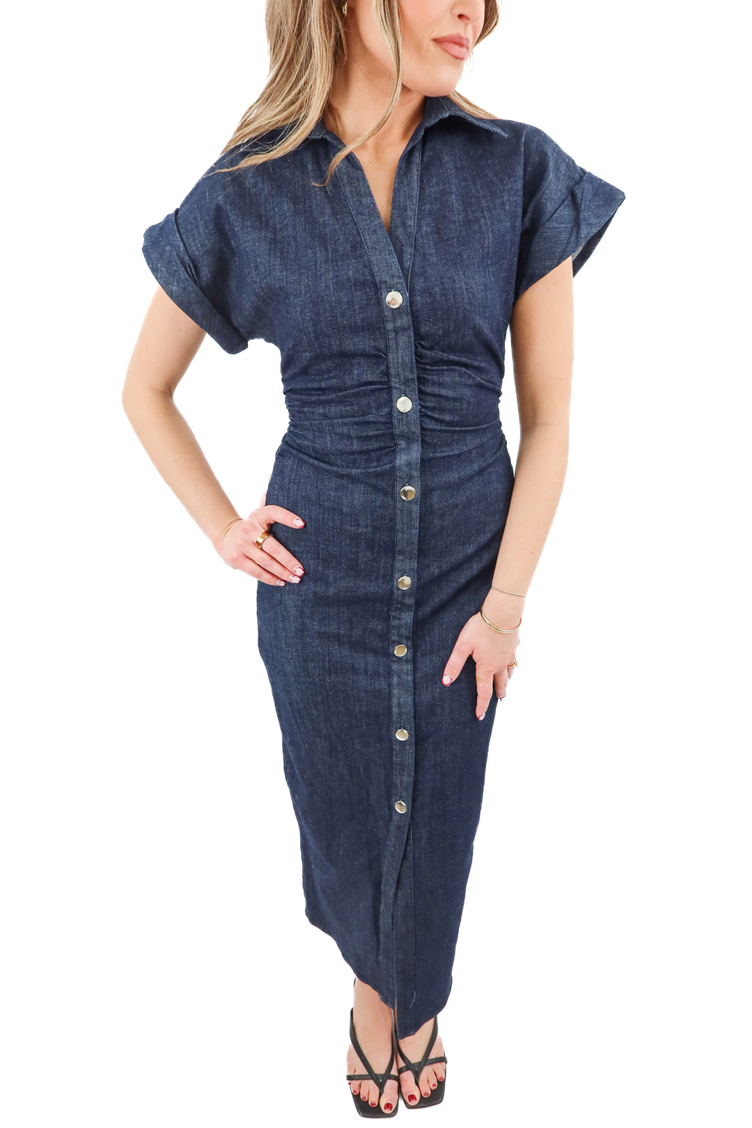 zara dark wash lightweight denim ruched maxi dress nwt (xs; retail $69.90)