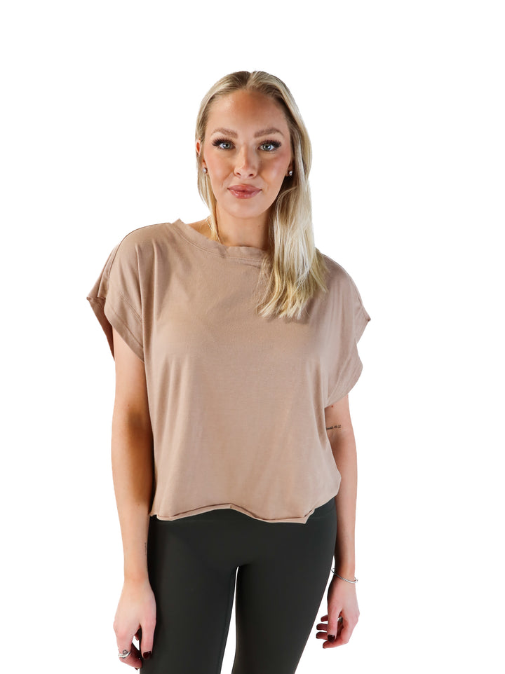 brown backless short sleeve top (m)