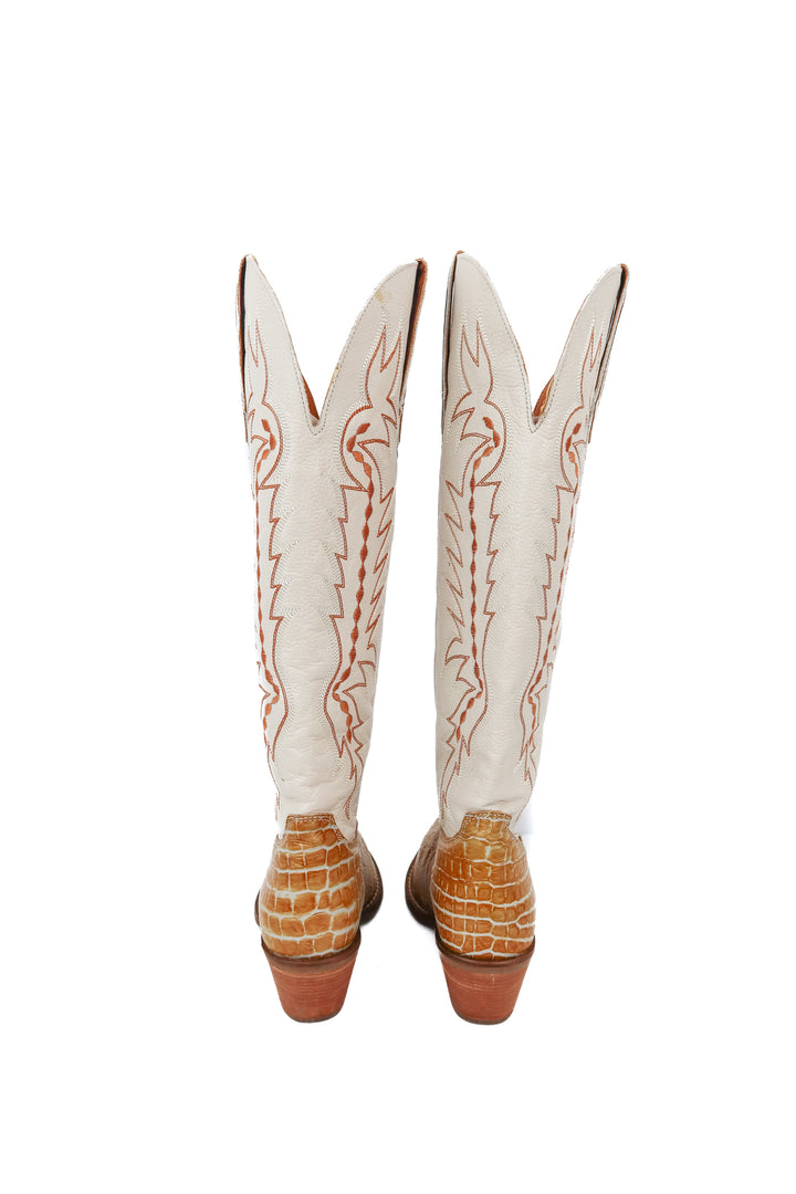 Dingo snakeskin and white tall cowboy boots (7.5; retail $189)