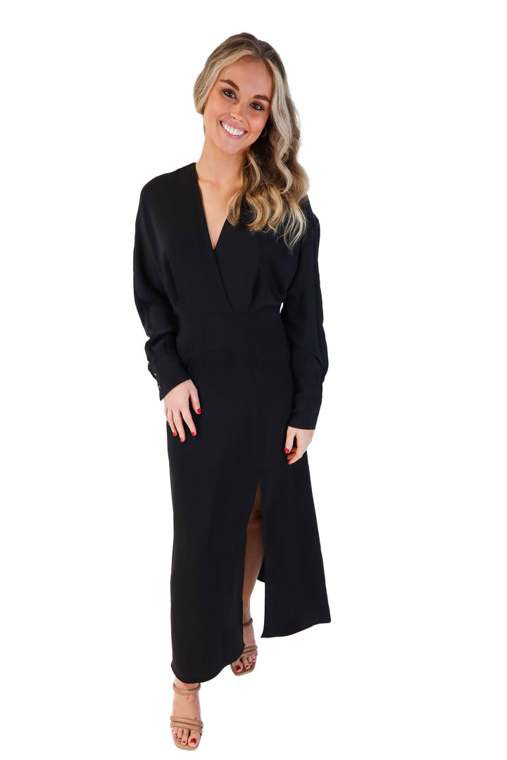 MNG black deep v maxi dress (s; retails for $99.99)