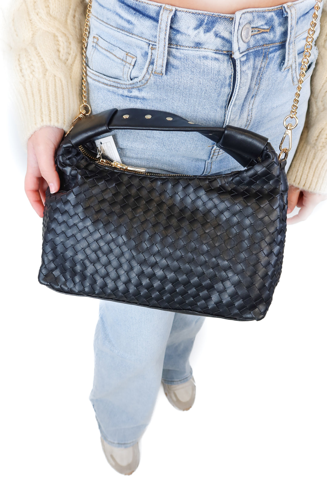 Black Faux Leather Woven Handbag NWOT