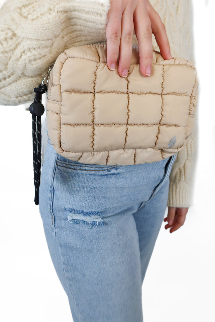 Free People Sand Quilted Nylon Zipper Pouch NWT; Retail $30