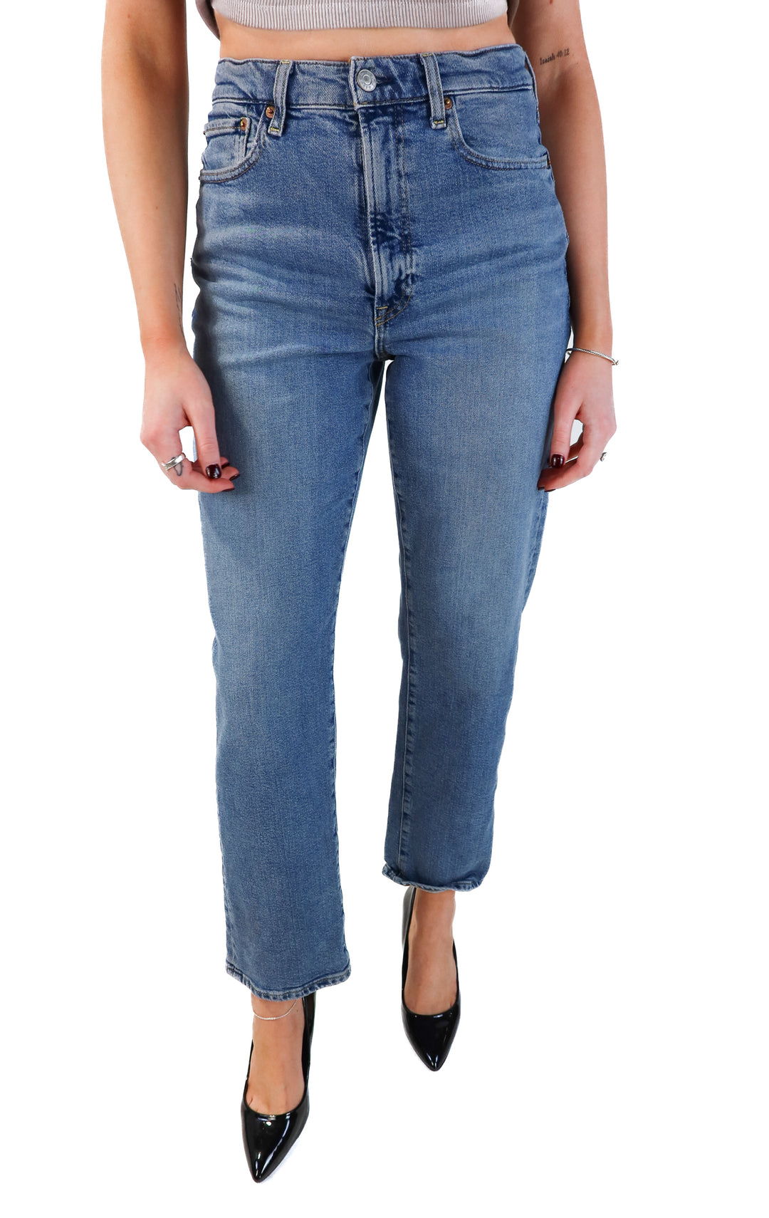Buck Mason light wash straight leg jeans (28; retails for $168)