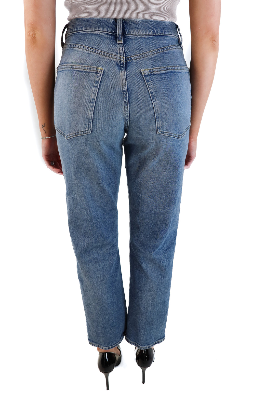 Buck Mason light wash straight leg jeans (28; retails for $168)