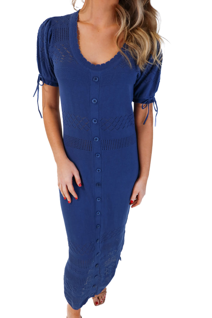 Venus slate blue crotchet maxi dress (s; retails for $59.90)